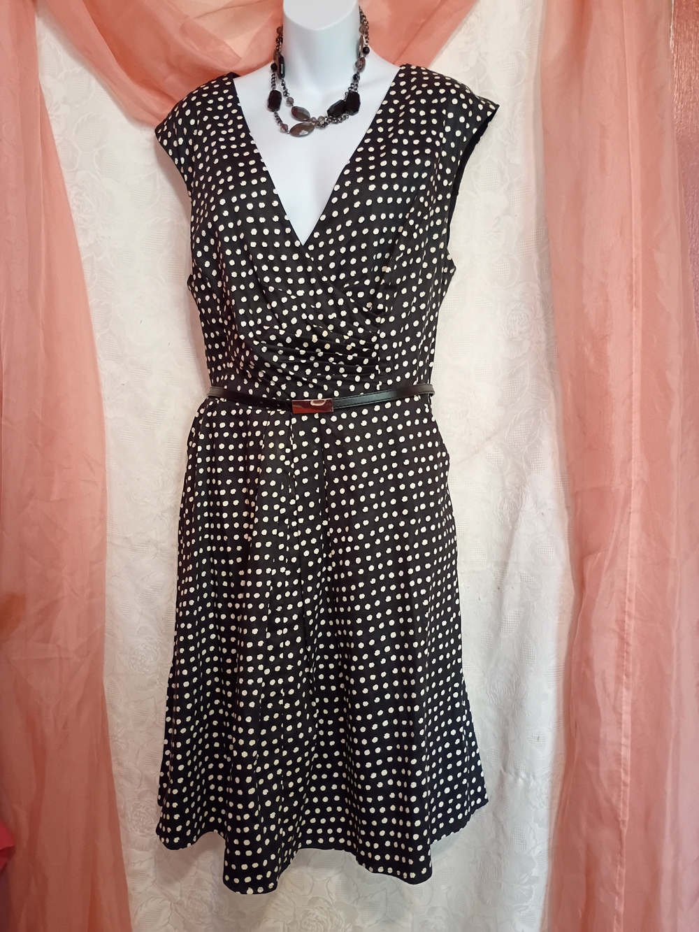 Jessica Simpson Ladies Black and White Polka Dot V-Neck Midi Dress Sz 16W